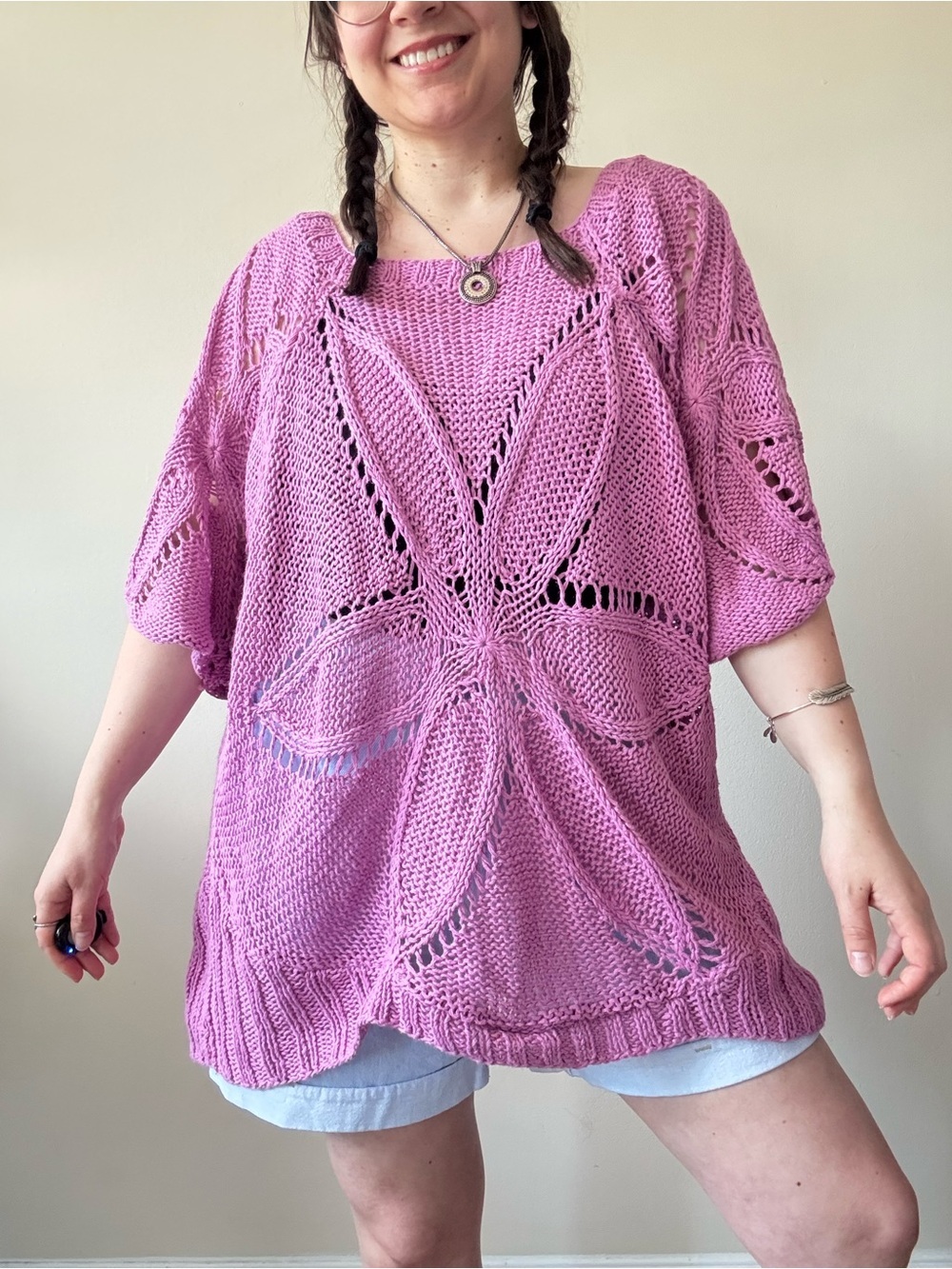 Vintage Denim 24/7 Fuchsia Openwork Knit Pullover Sweater